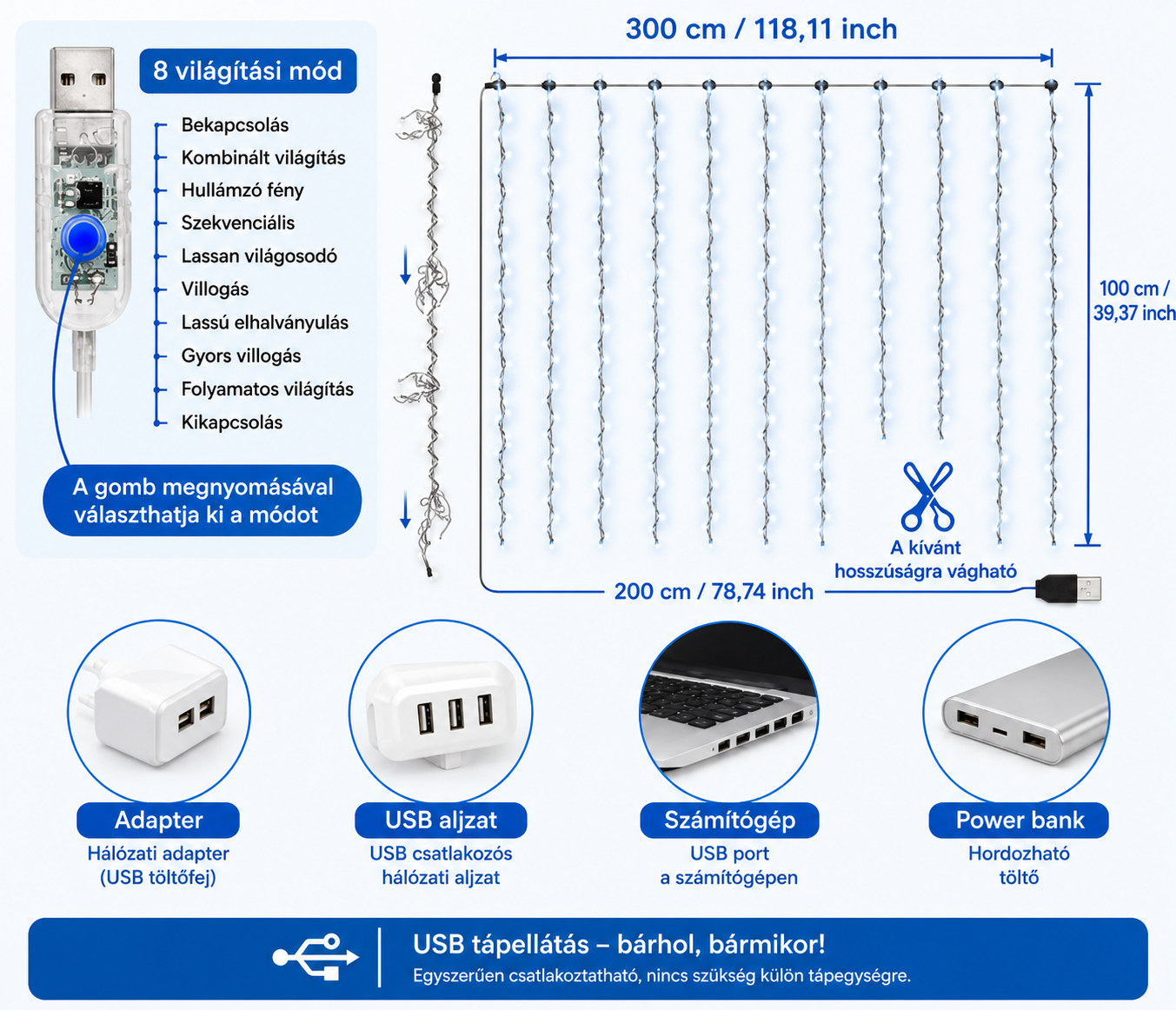 USB-s LED fényfüggöny távirányítóval