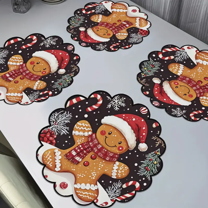 Téli asztalterítő részlet, mézeskalács és hópelyhek