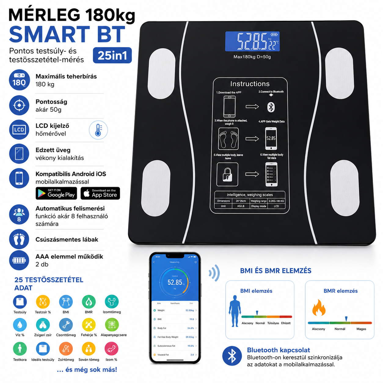 25in1 testösszetétel-mérő okos személymérleg