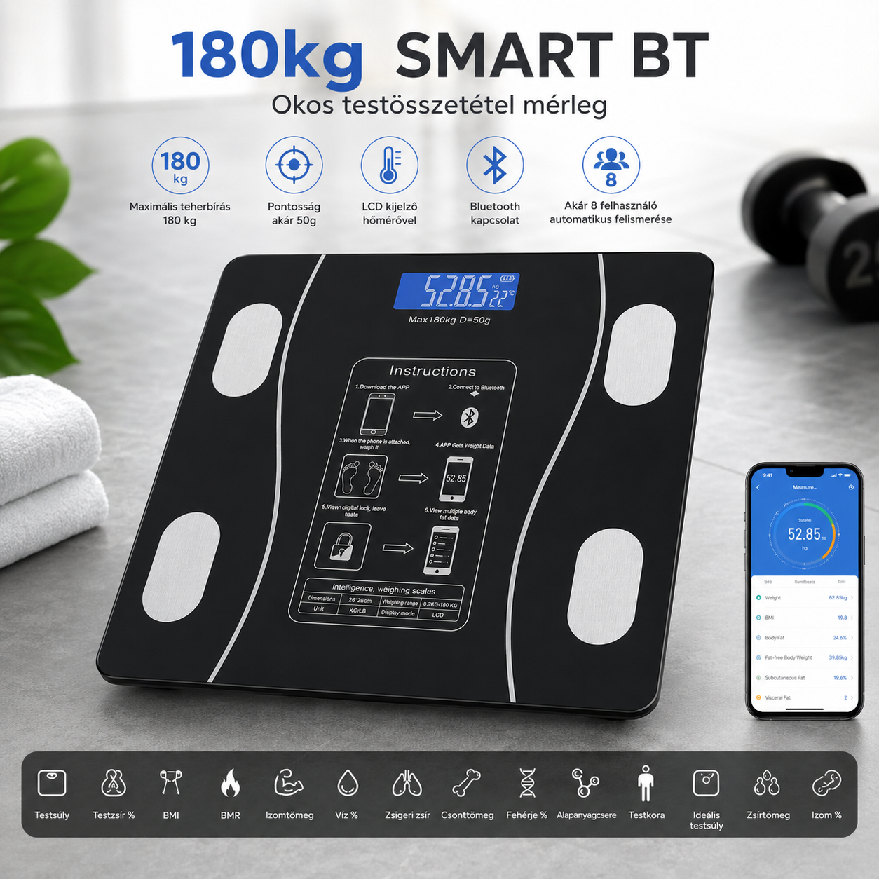 OKOK International alkalmazással használható Bluetooth személymérleg
