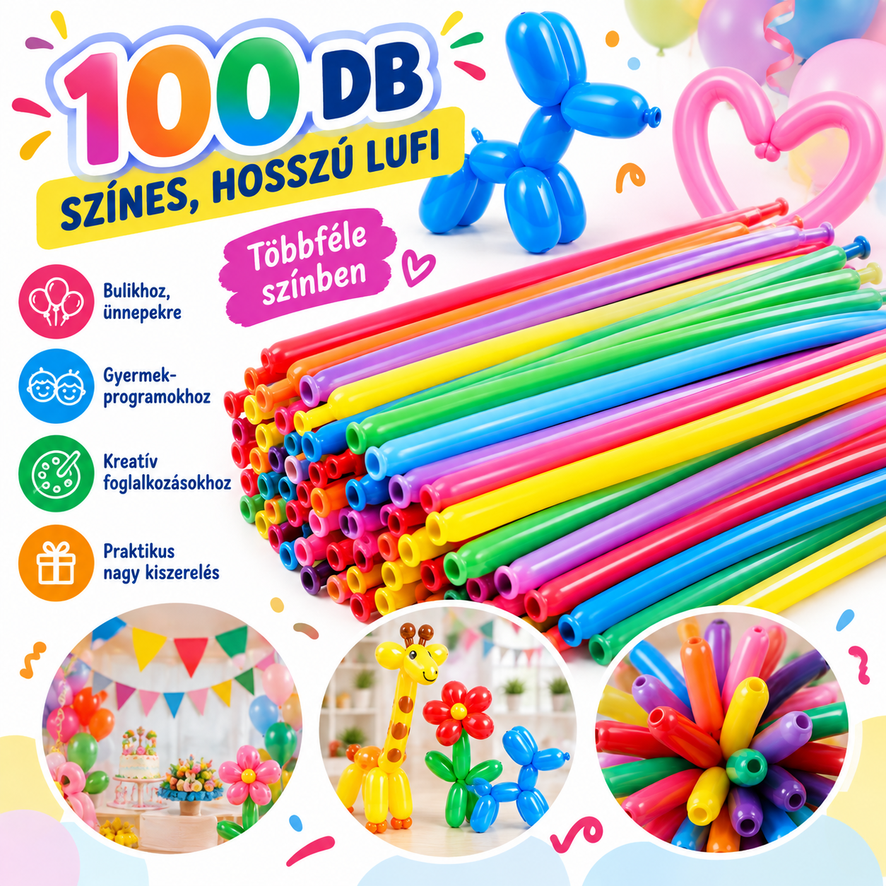 100 darabos színes latex lufi készlet