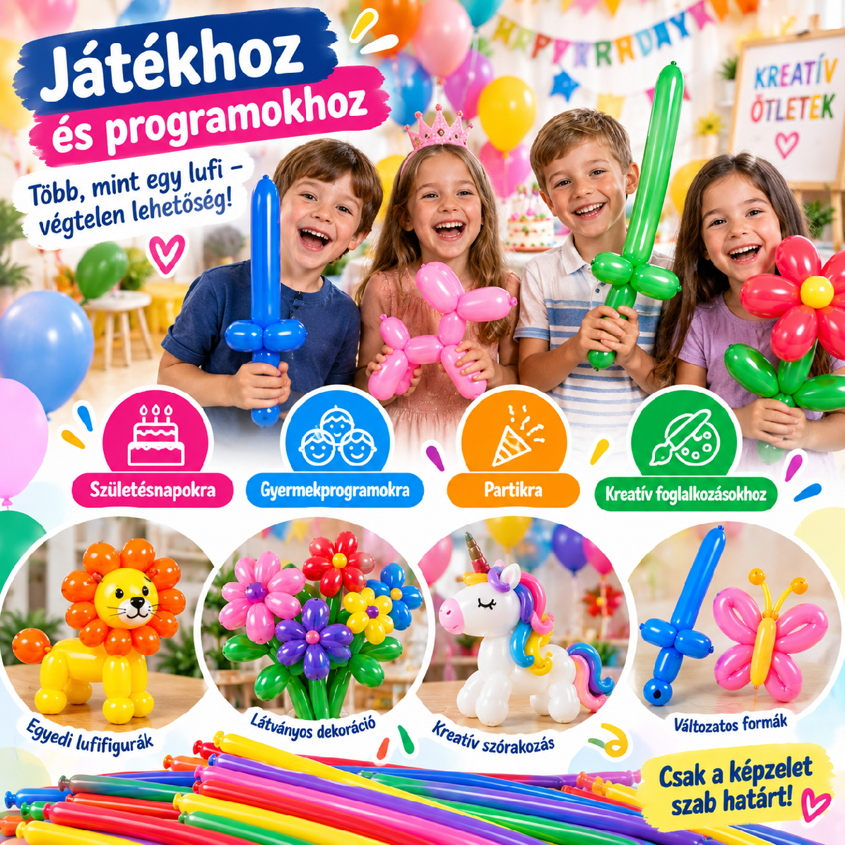Hosszú modellező lufik kreatív felhasználáshoz