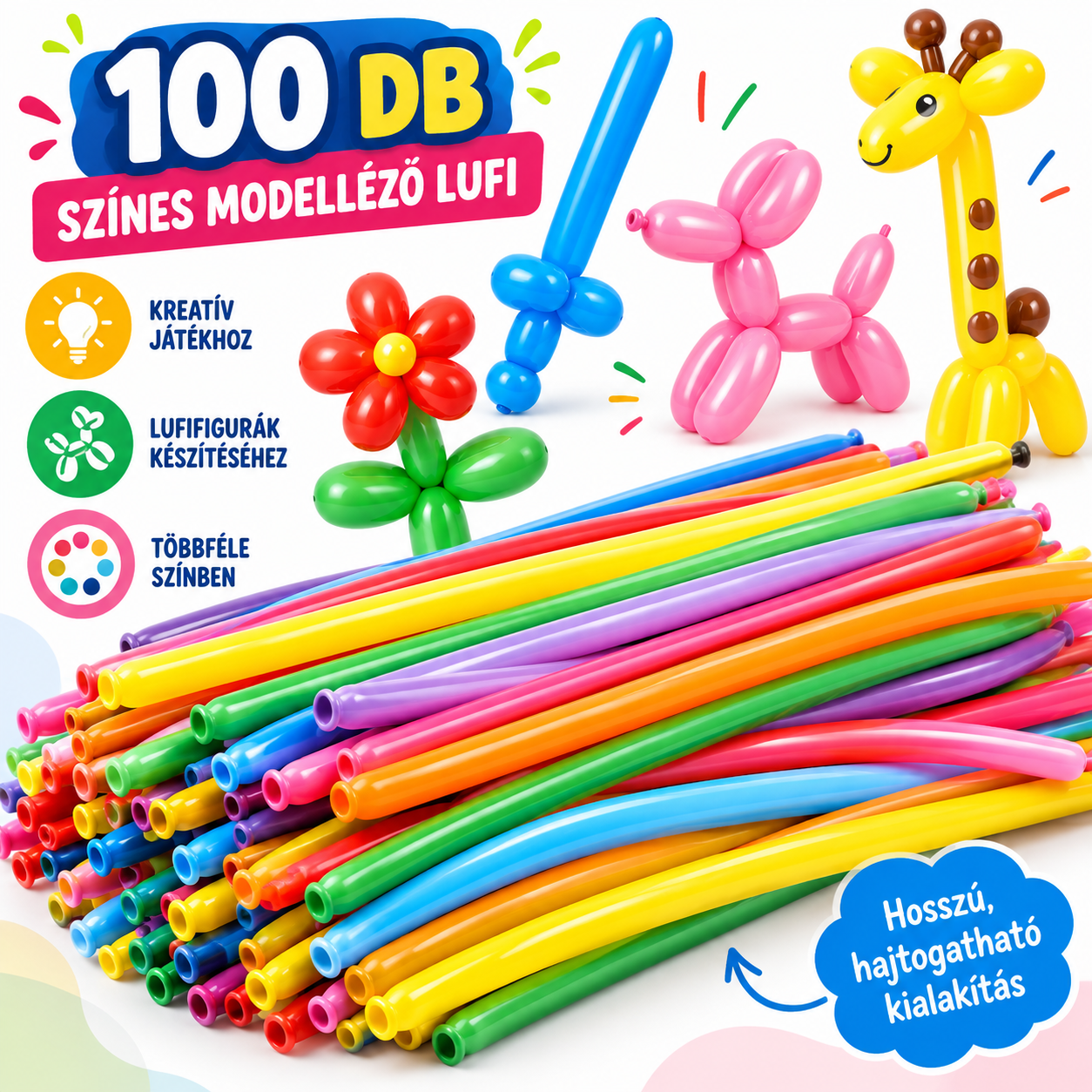 100 db színes, hosszú latex modellező lufi