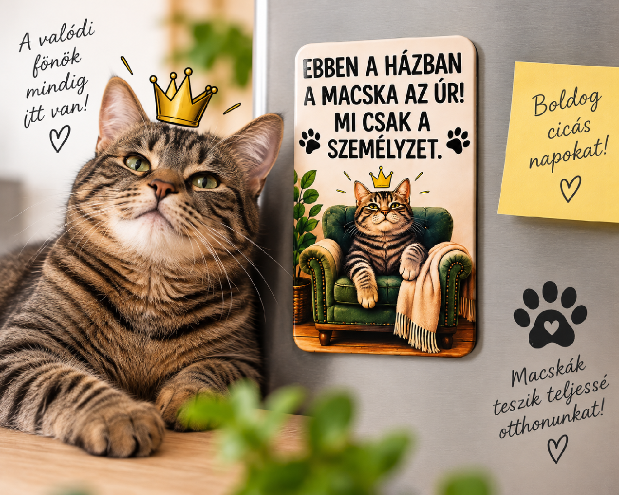 Macskás hűtőmágnes vicces felirattal