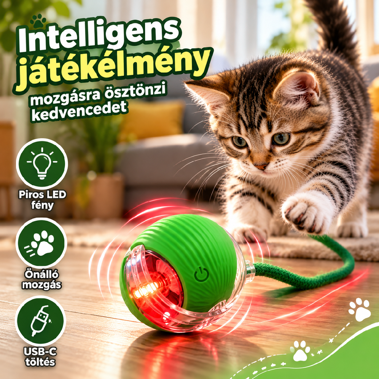 Interaktív LED-es macskalabda zöld színben