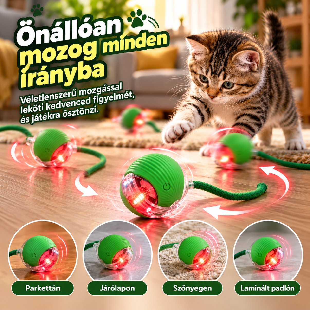 Önállóan mozgó interaktív LED-es macskalabda