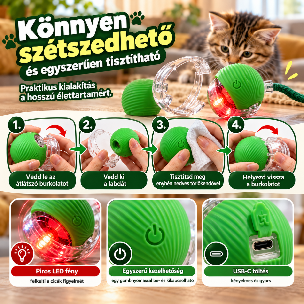Könnyen szétszedhető és tisztítható interaktív macskalabda