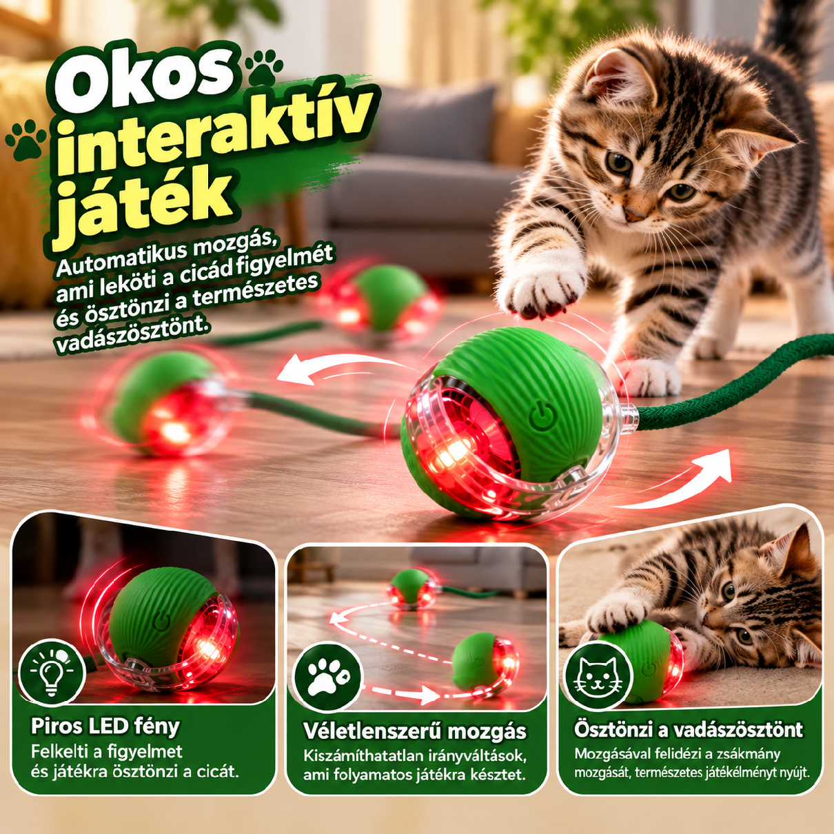 Interaktív LED-es macskalabda játék közben