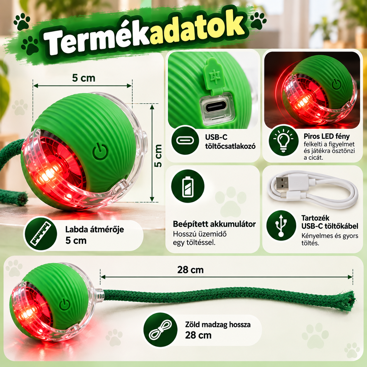 Interaktív LED-es macskalabda termékadatok