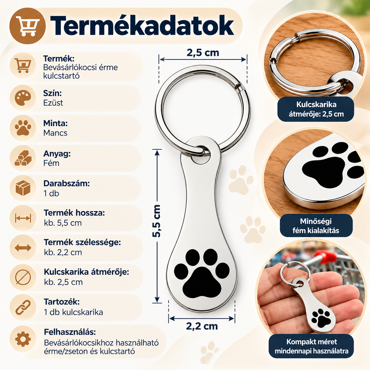 Bevásárlókocsi érme kulcstartó termékadatok
