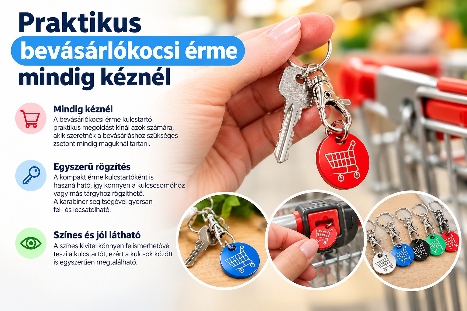 Színes bevásárlókocsi érme kulcstartó karabinerrel
