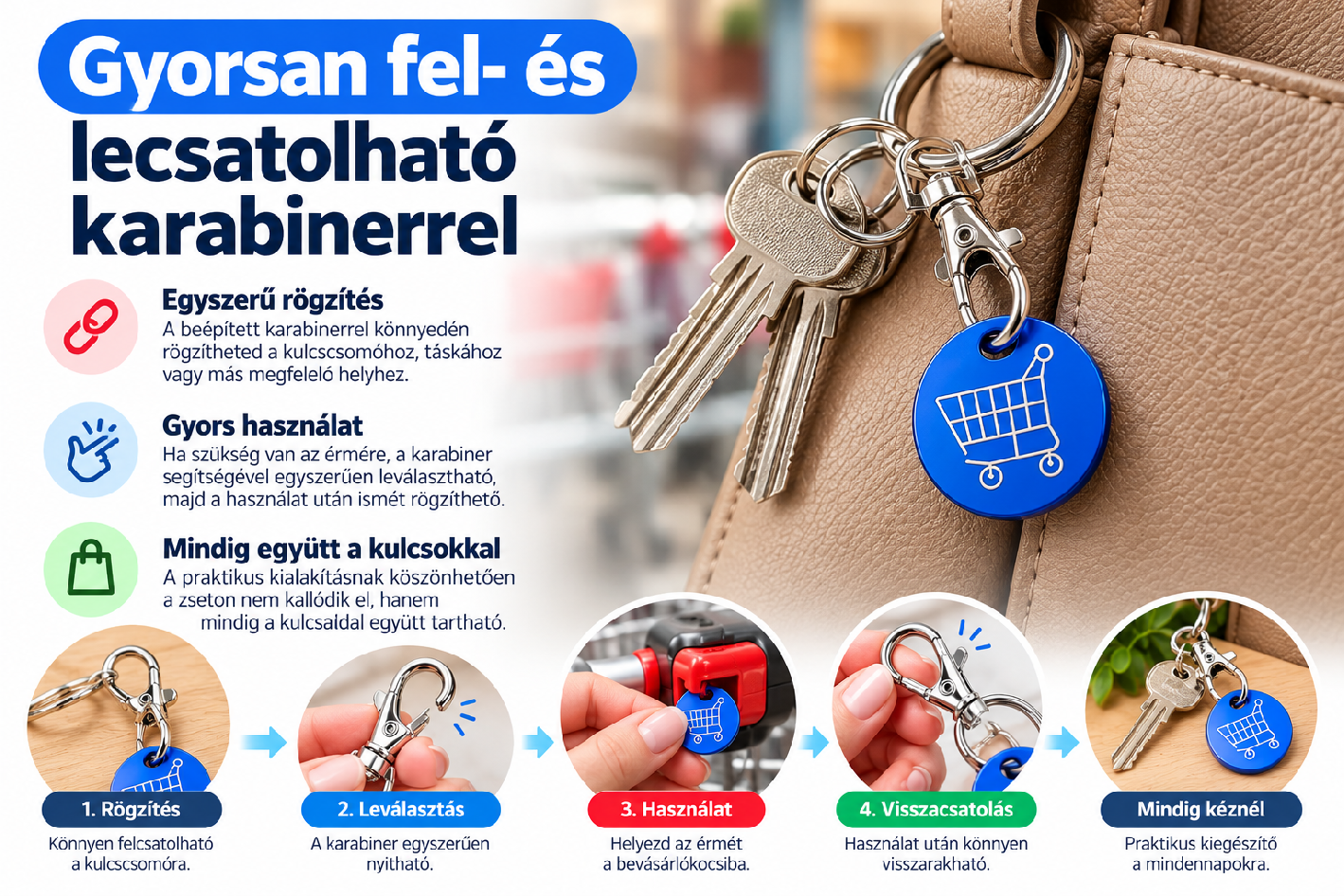 Bevásárlókocsi érme kulcstartó használat közben