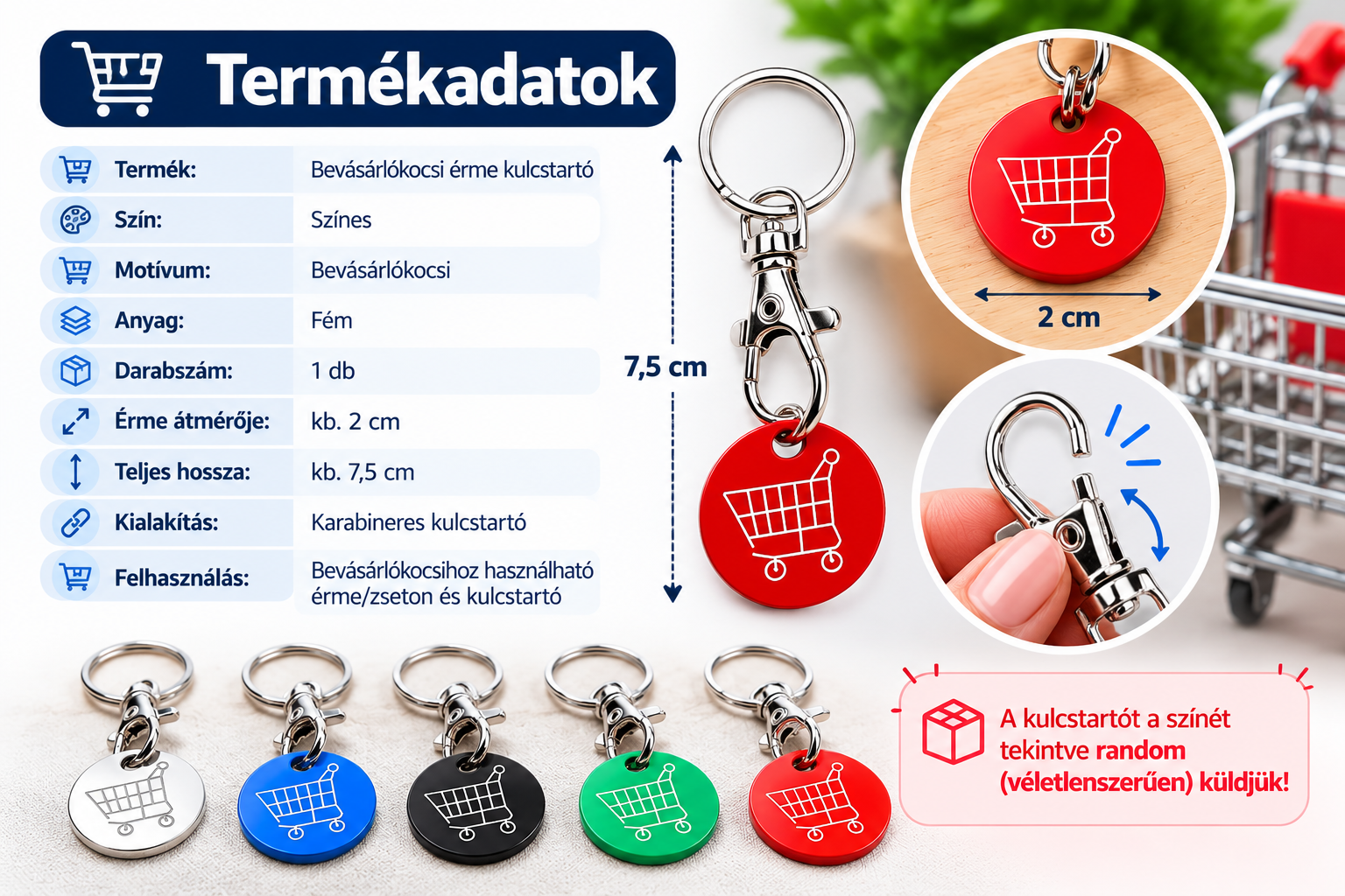 Színes bevásárlókocsi érme kulcstartó termékadatok