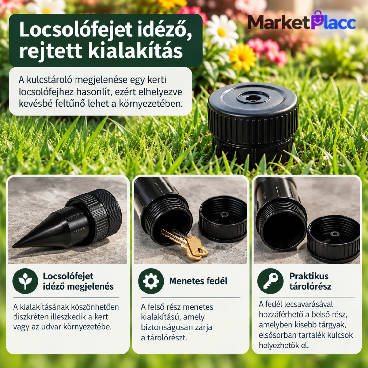 Rejtett kulcstároló locsolófejet idéző kialakítással