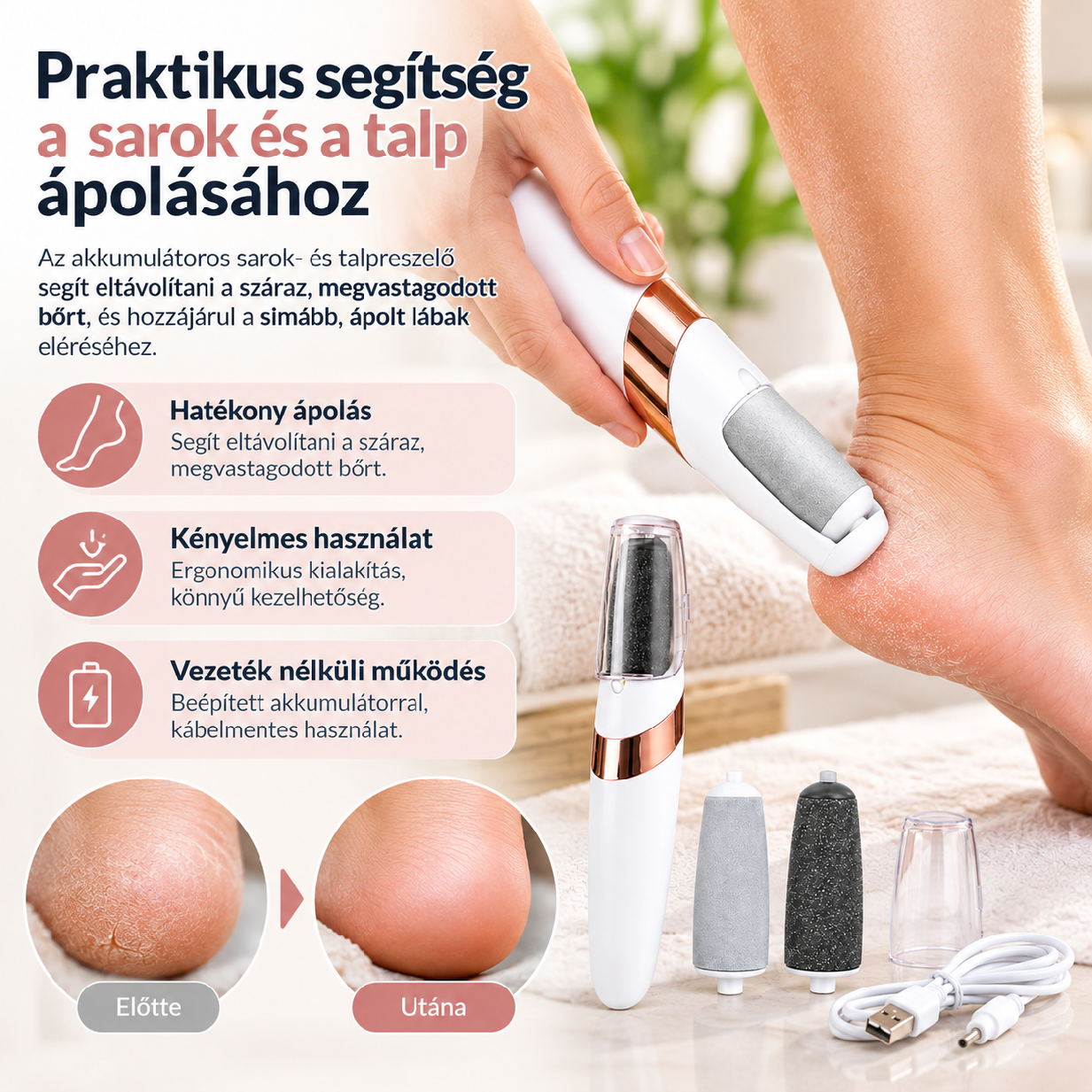 Akkumulátoros sarok- és talpreszelő használat közben