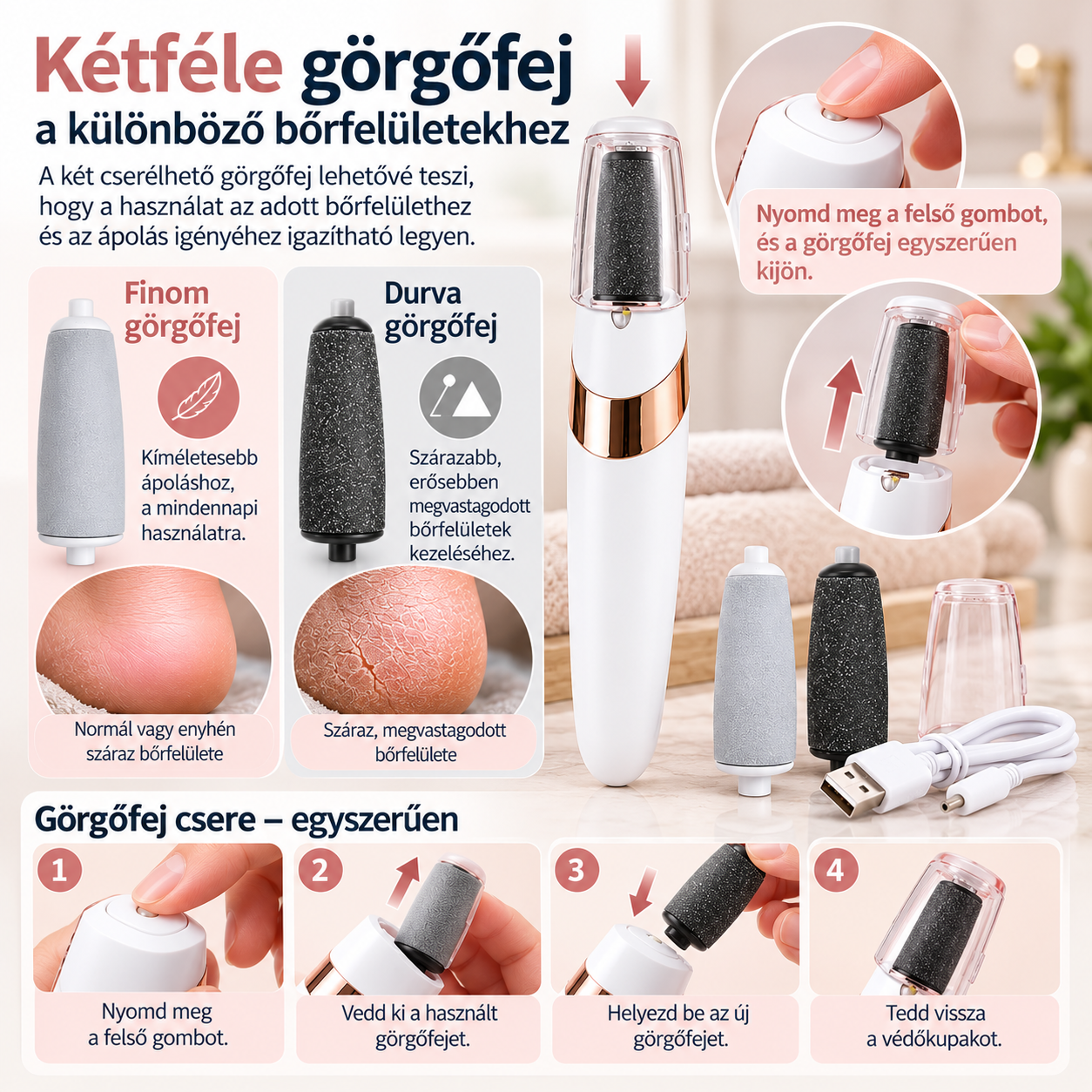 Két cserélhető finom és durva görgőfej