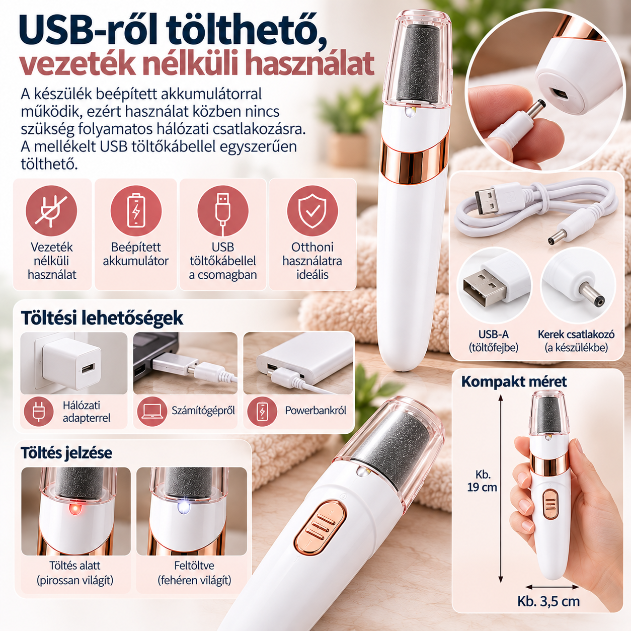 USB-ről tölthető akkumulátoros sarok- és talpreszelő