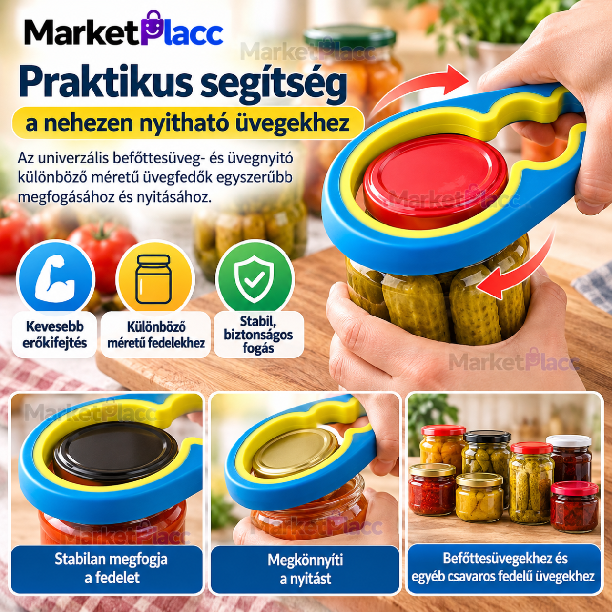 Univerzális befőttesüveg- és üvegnyitó használat közben