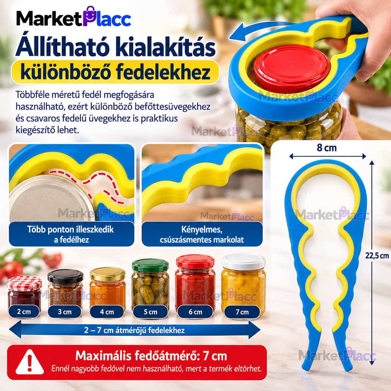 Állítható befőttesüveg- és üvegnyitó különböző méretű fedelekhez