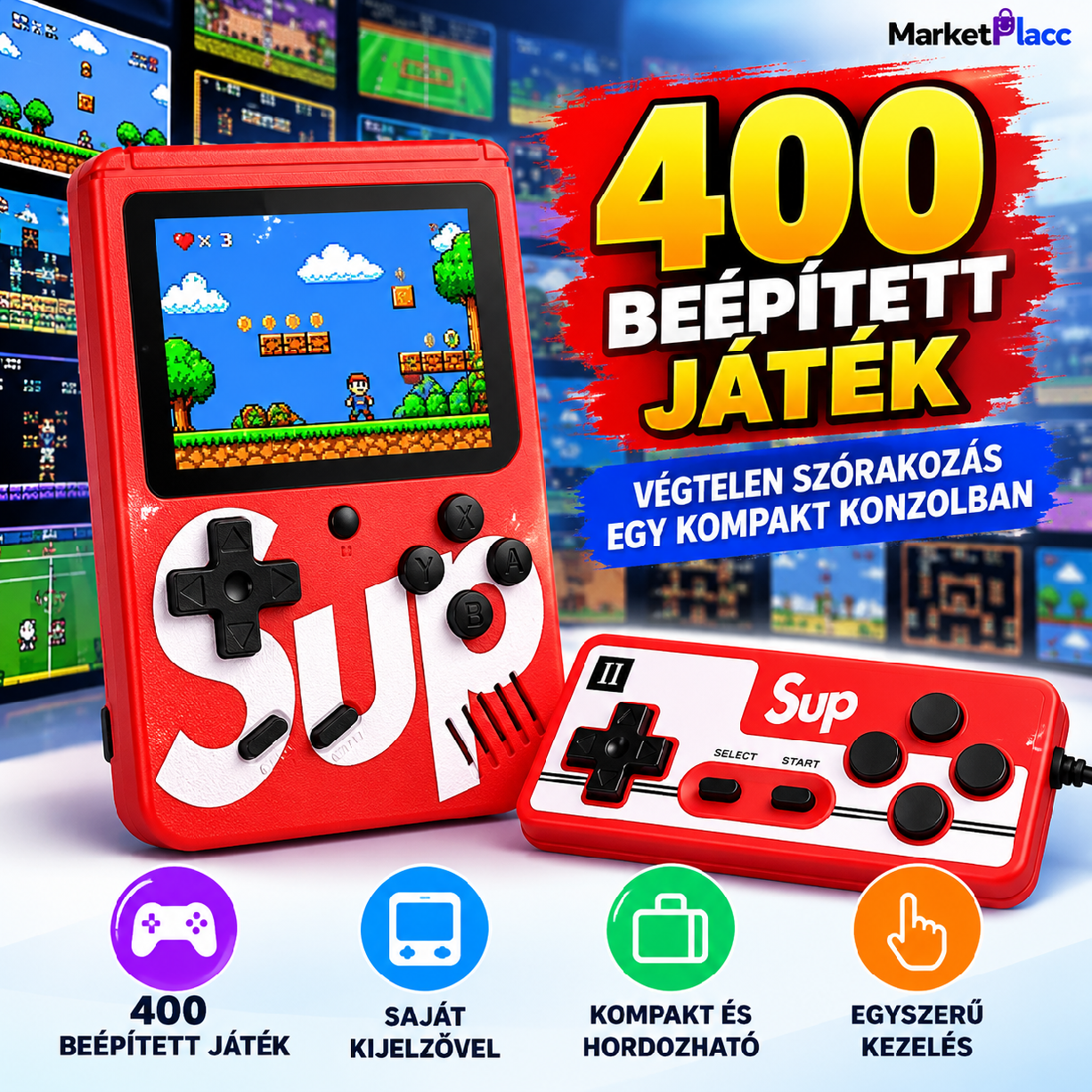 Hordozható retro játékkonzol 400 beépített játékkal