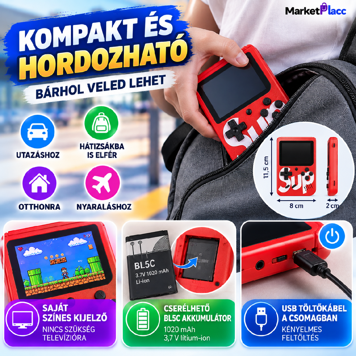 Hordozható retro játékkonzol saját kijelzővel