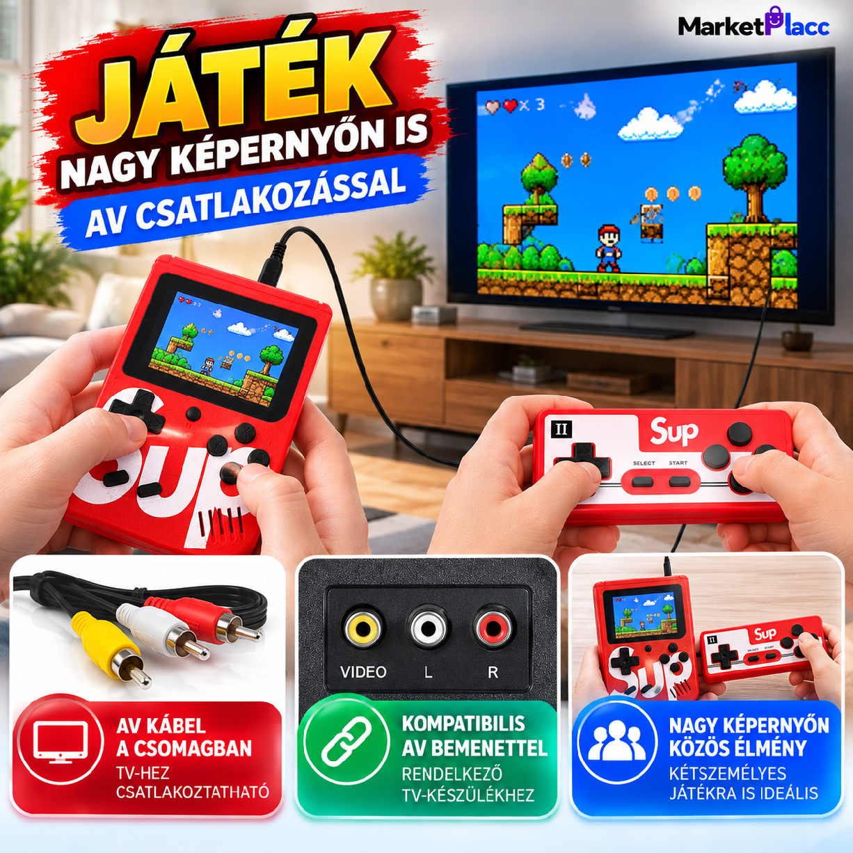 Retro játékkonzol TV-hez csatlakoztatva AV kábellel