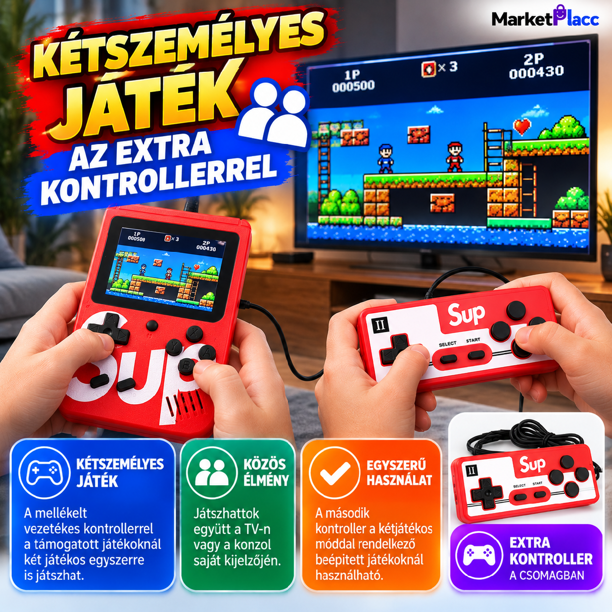 Retro játékkonzol extra kontrollerrel kétszemélyes játékhoz