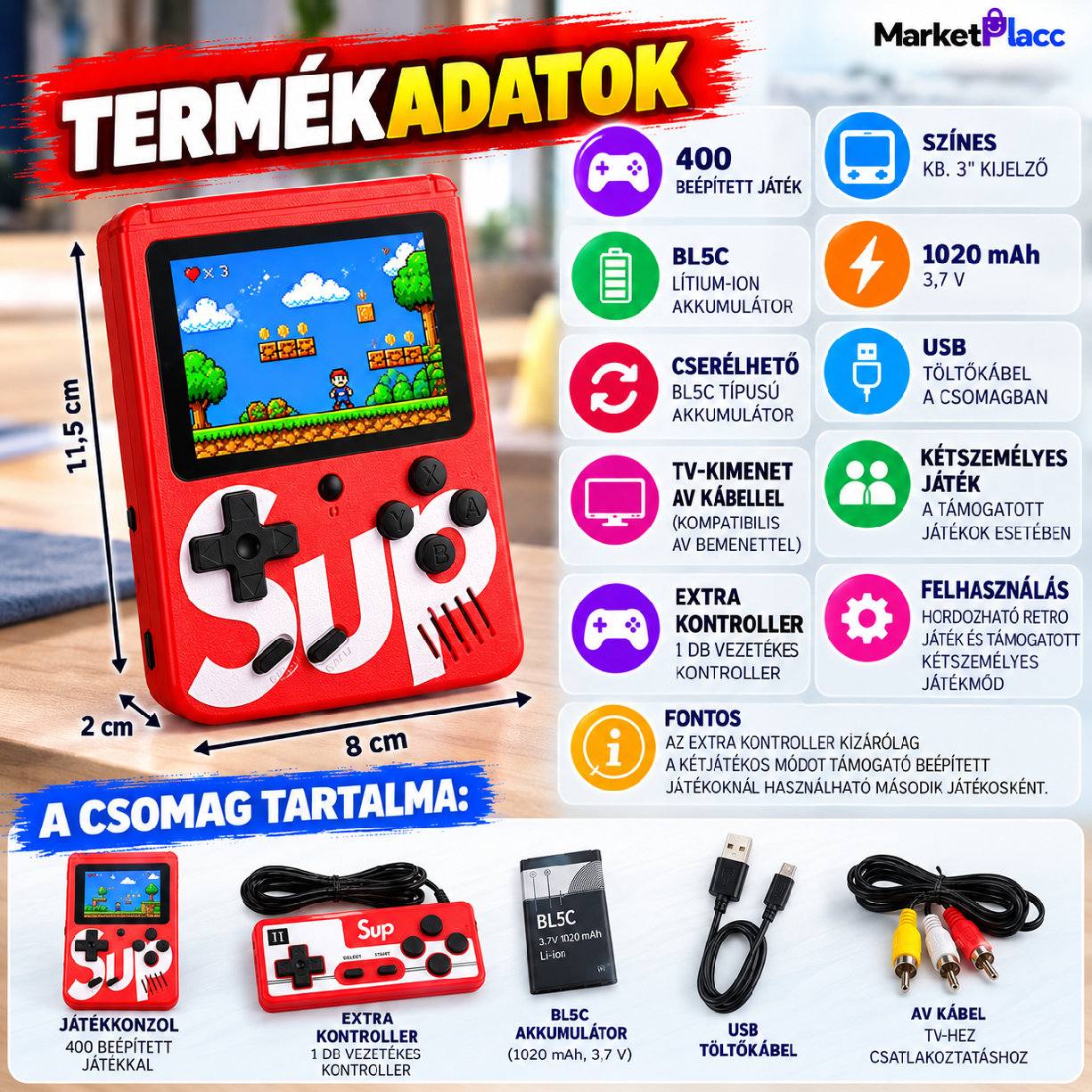 Hordozható retro játékkonzol termékadatok és tartozékok