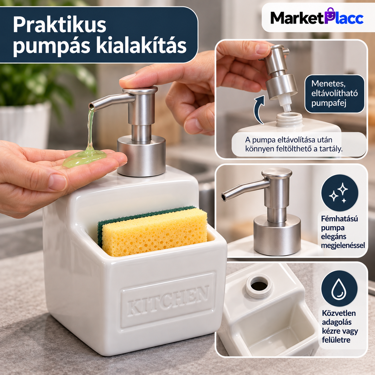 Fémhatású pumpával ellátott porcelán folyékony szappanadagoló