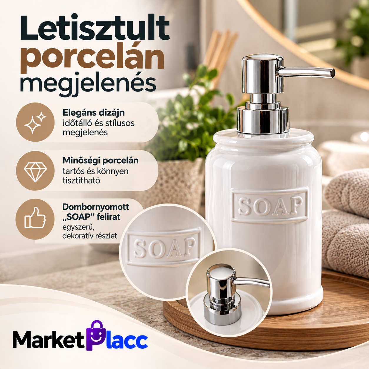 Fehér porcelán szappanadagoló fürdőszobában