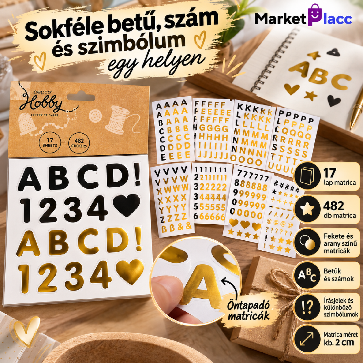 Fekete és arany betű- és számmatricák