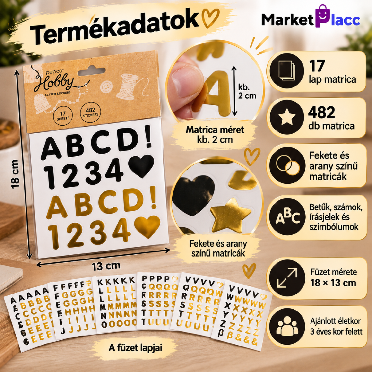 Betű- és számmatrica füzet – 482 db fekete és arany matrica