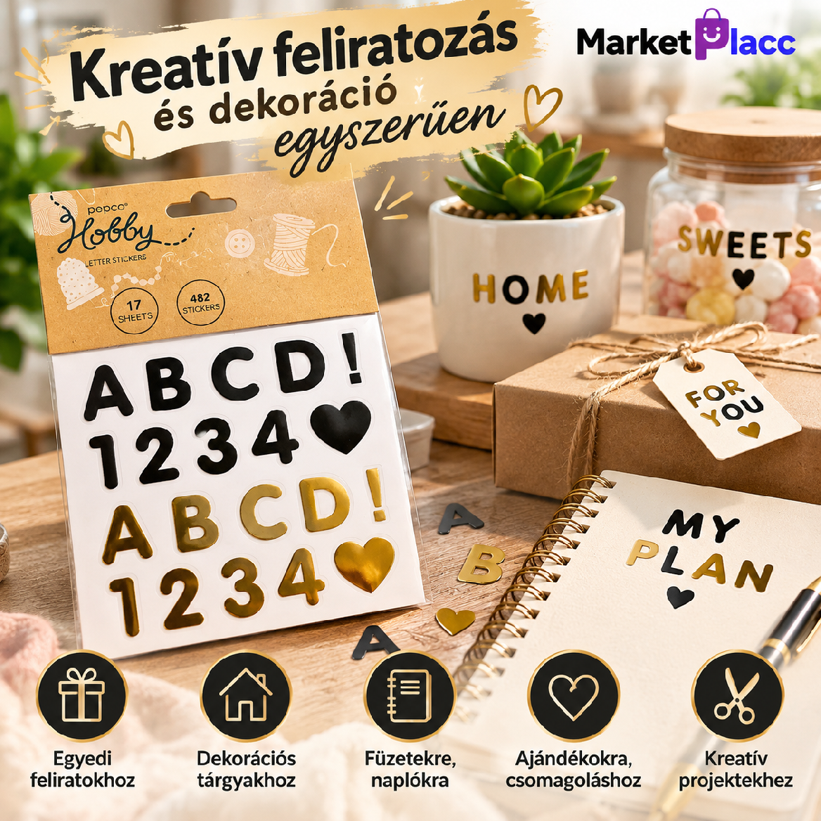 Betű- és számmatrica füzet fekete és arany matricákkal