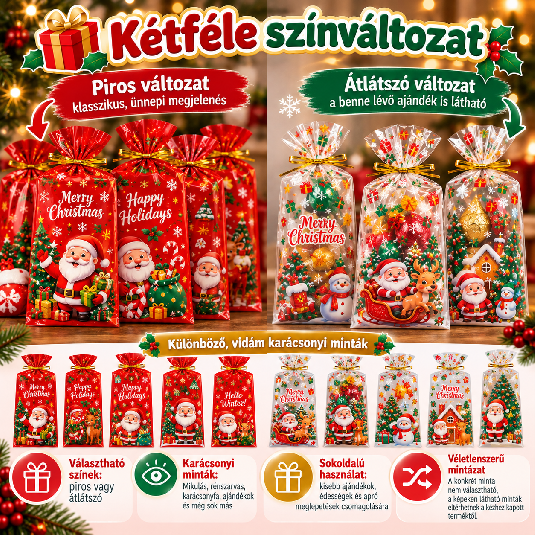 Piros és átlátszó karácsonyi ajándéktasak