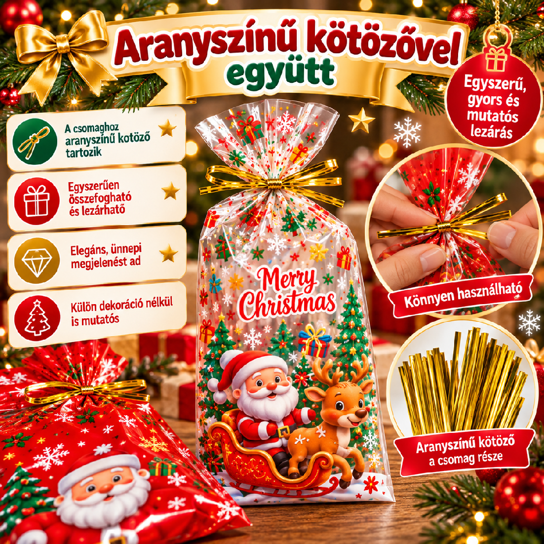 Karácsonyi ajándéktasak aranyszínű kötözővel