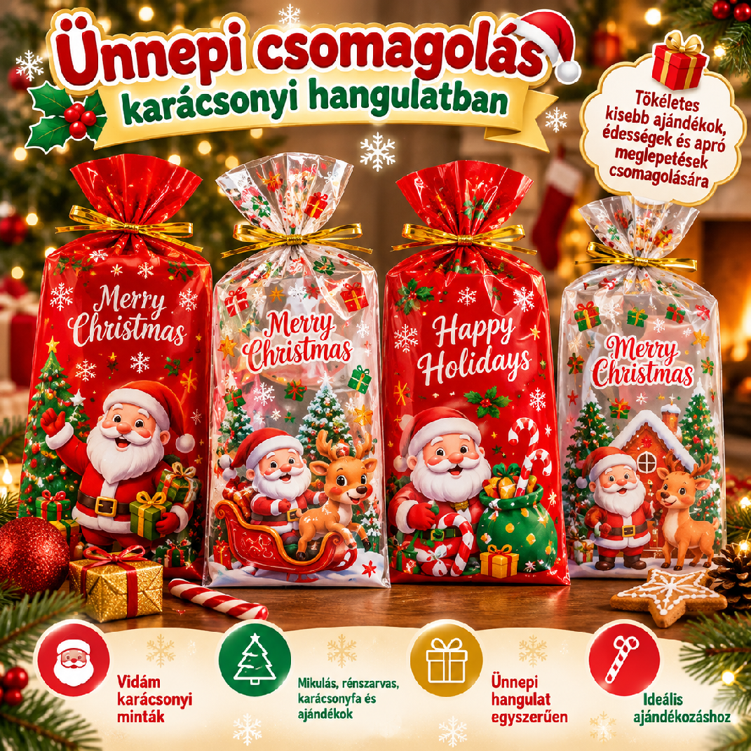 Karácsonyi ajándéktasak Mikulás mintával