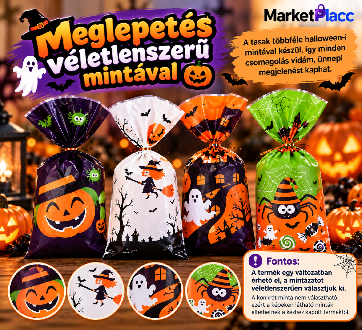 Különböző mintájú halloween zacskók