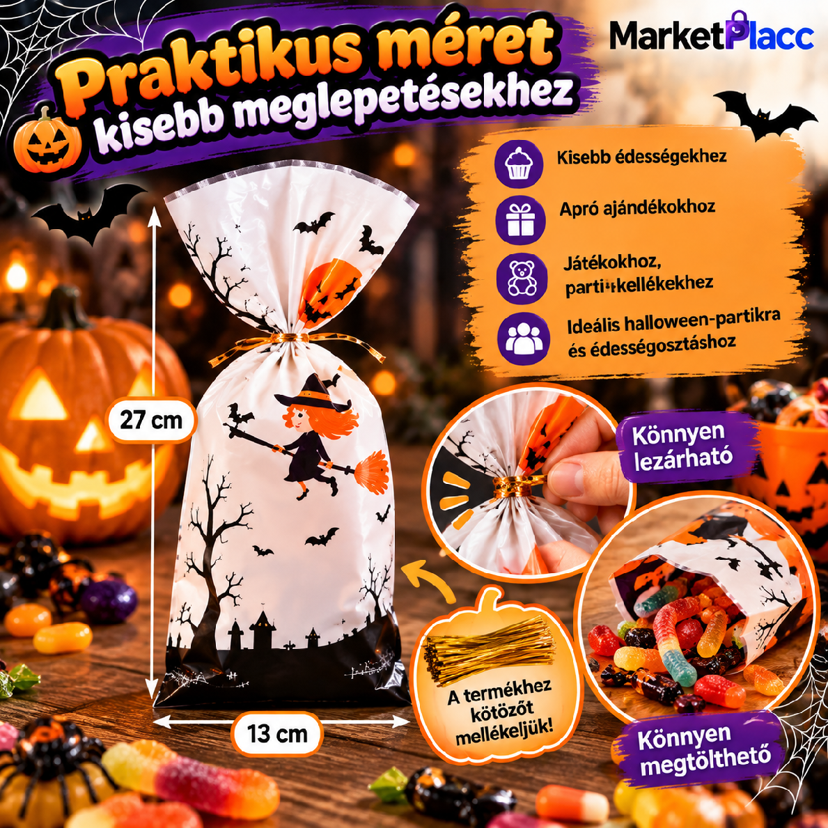 27 × 13 cm-es halloween ajándéktasak édességekhez