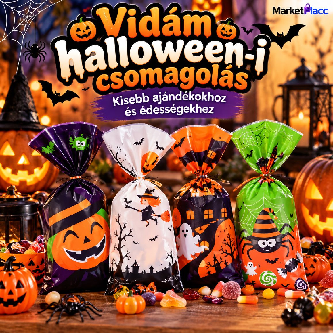 Halloween ajándéktasak tökös és szellemes mintákkal