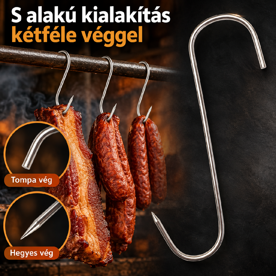 Füstölő kampó hegyes és tompa véggel