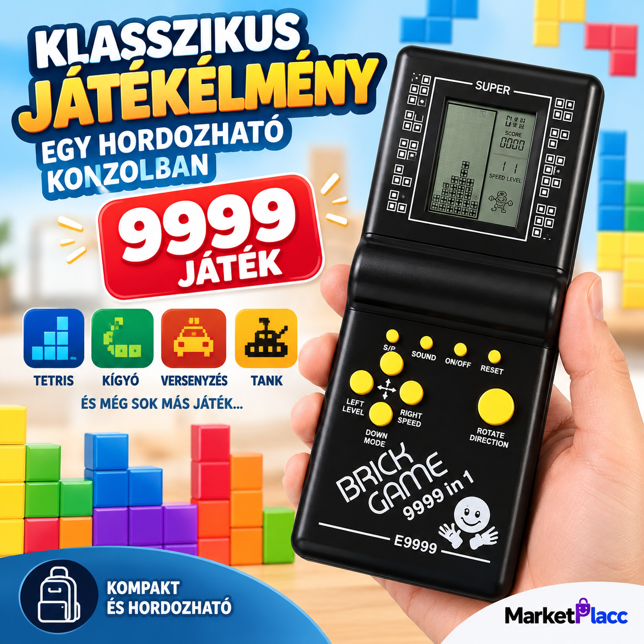 Elektronikus retro játékkonzol több nézetből