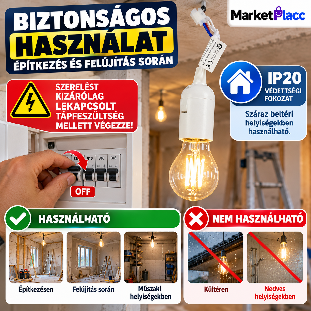 E27 építési foglalat ideiglenes beltéri világításhoz