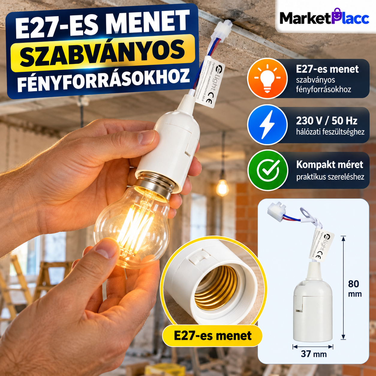 Fehér E27-es építési foglalat