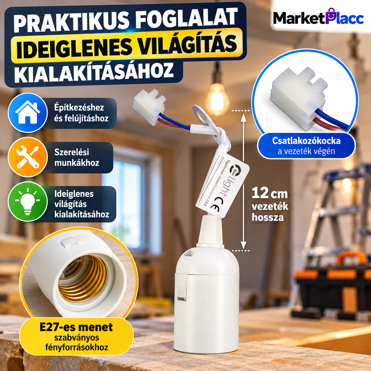 E27 építési foglalat 12 cm vezetékkel és csatlakozóval