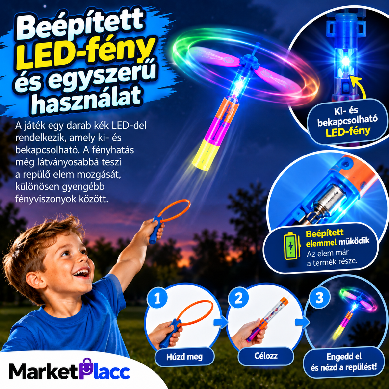 LED-es repülő játék kék fénnyel és beépített elemmel