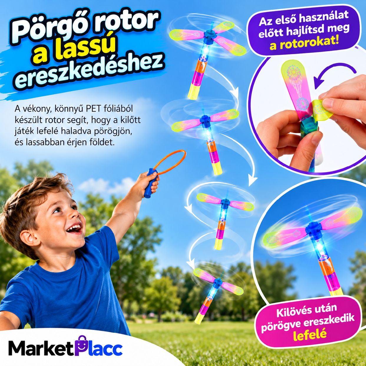 Repülő játék kilövővel és pörgő rotorral