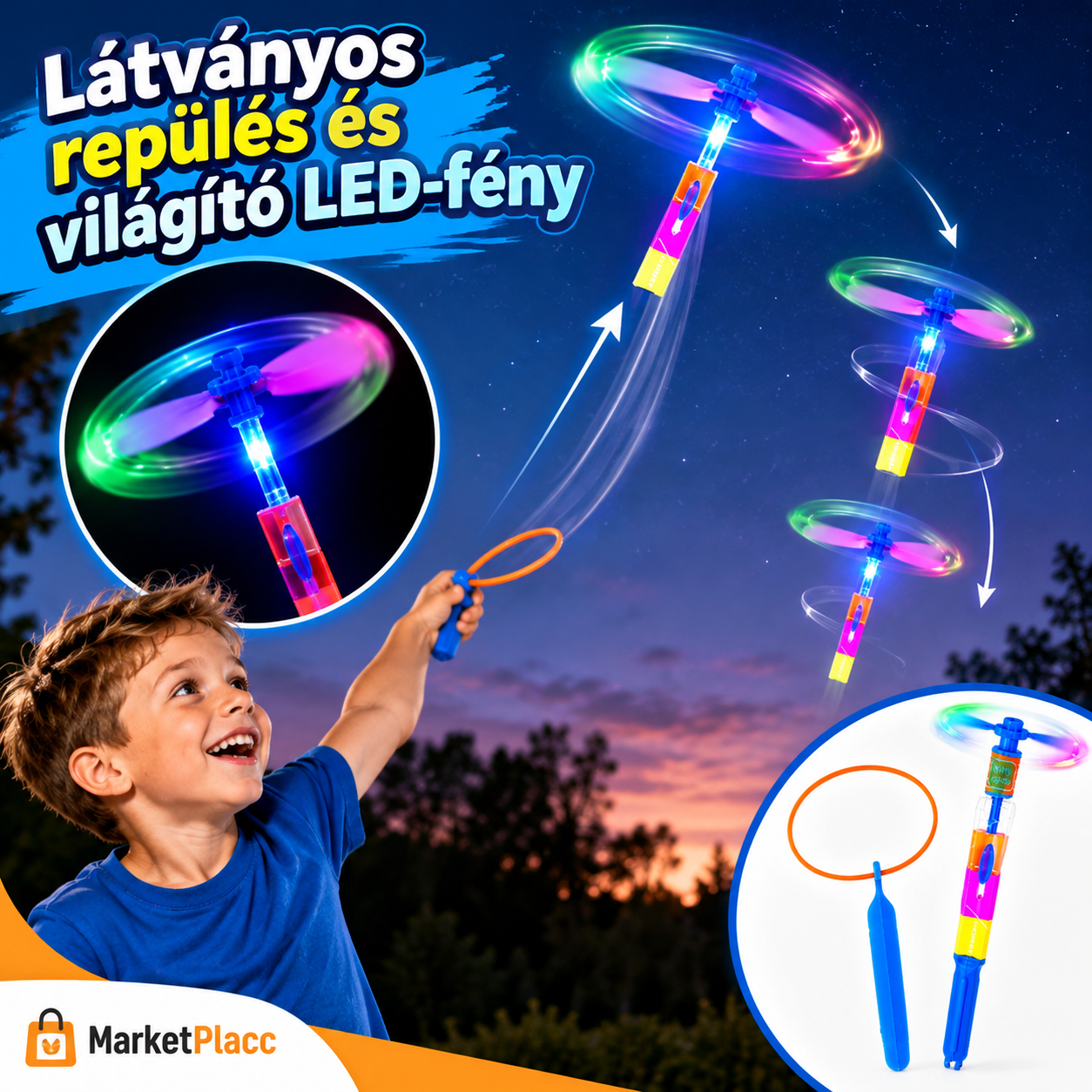 LED-es repülő játék kilövővel és világító kék fénnyel