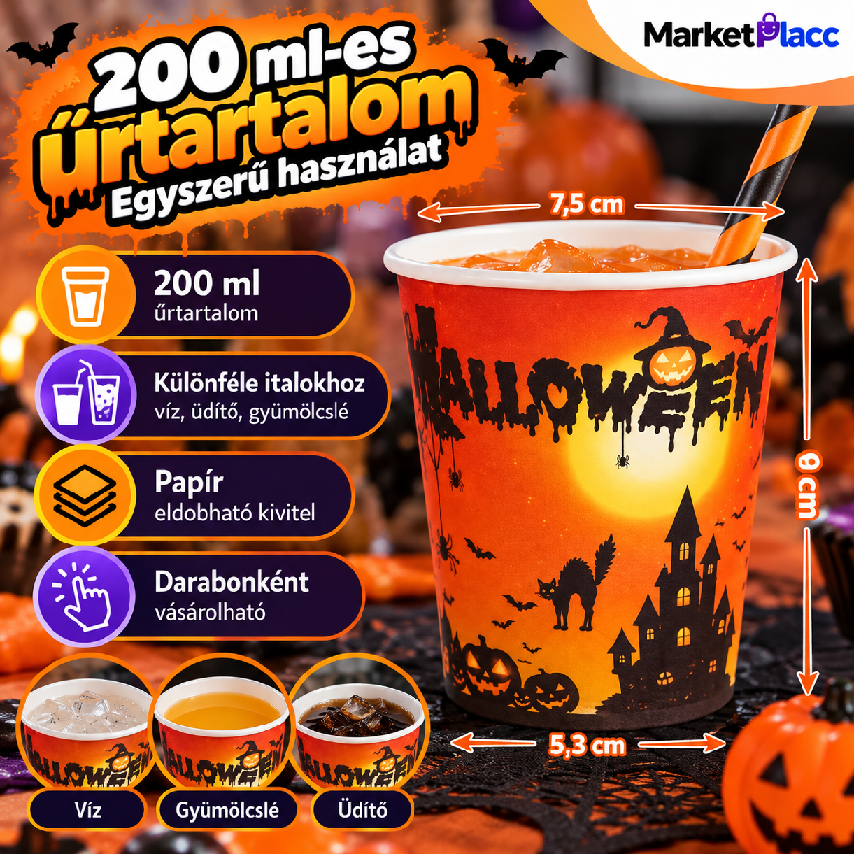 200 ml-es Halloween papírpohár italhoz