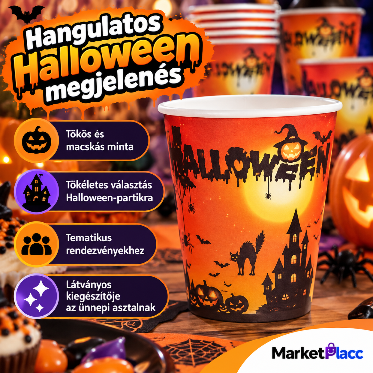 Halloween papírpohár tökös és macskás mintával
