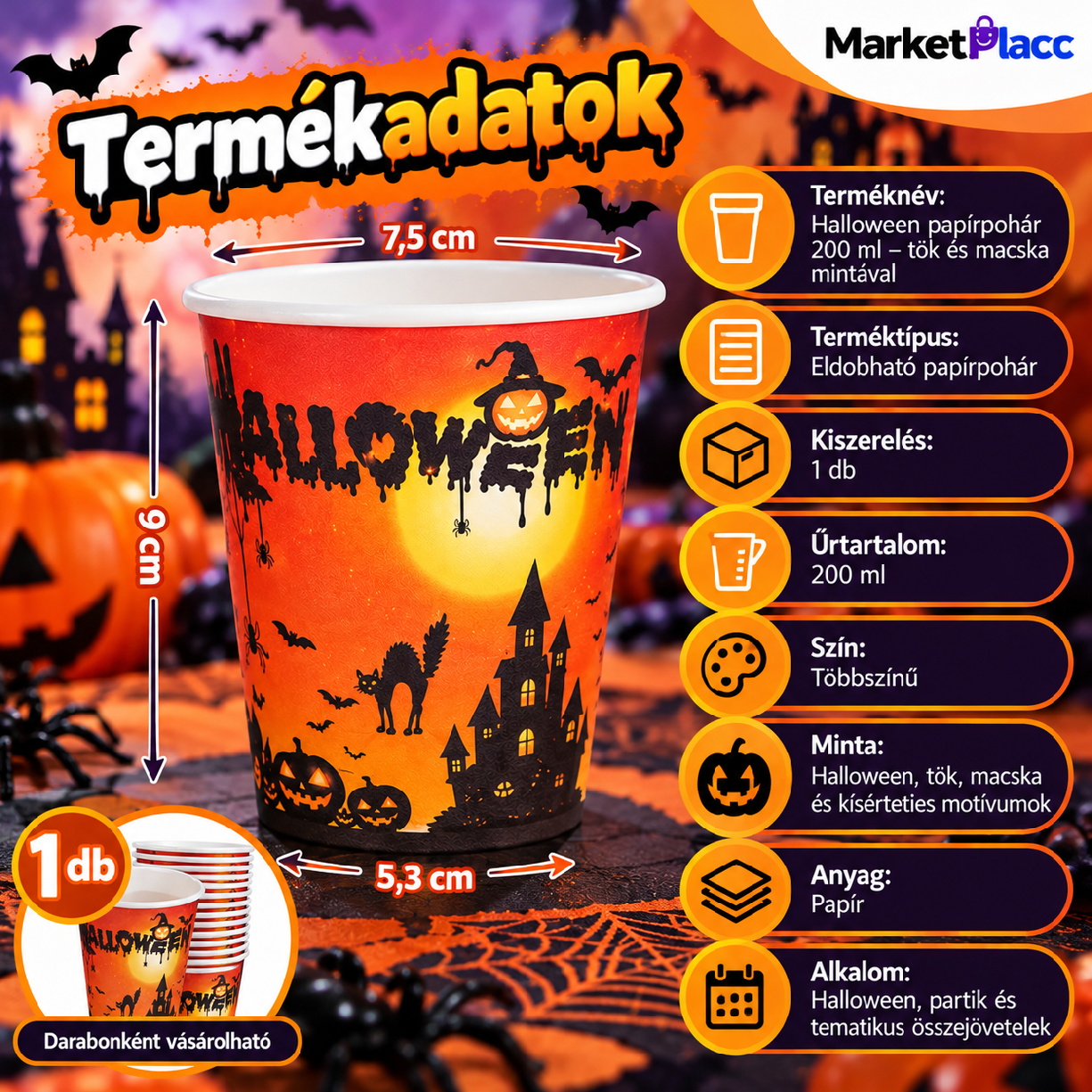 Halloween papírpohár termékadatok